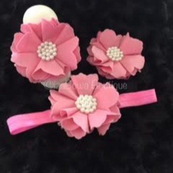 Hand Crafted Other - Pink T-shirt Petal with Pearl Barefoot Sandals & Headband Set   HAND CRAFTED